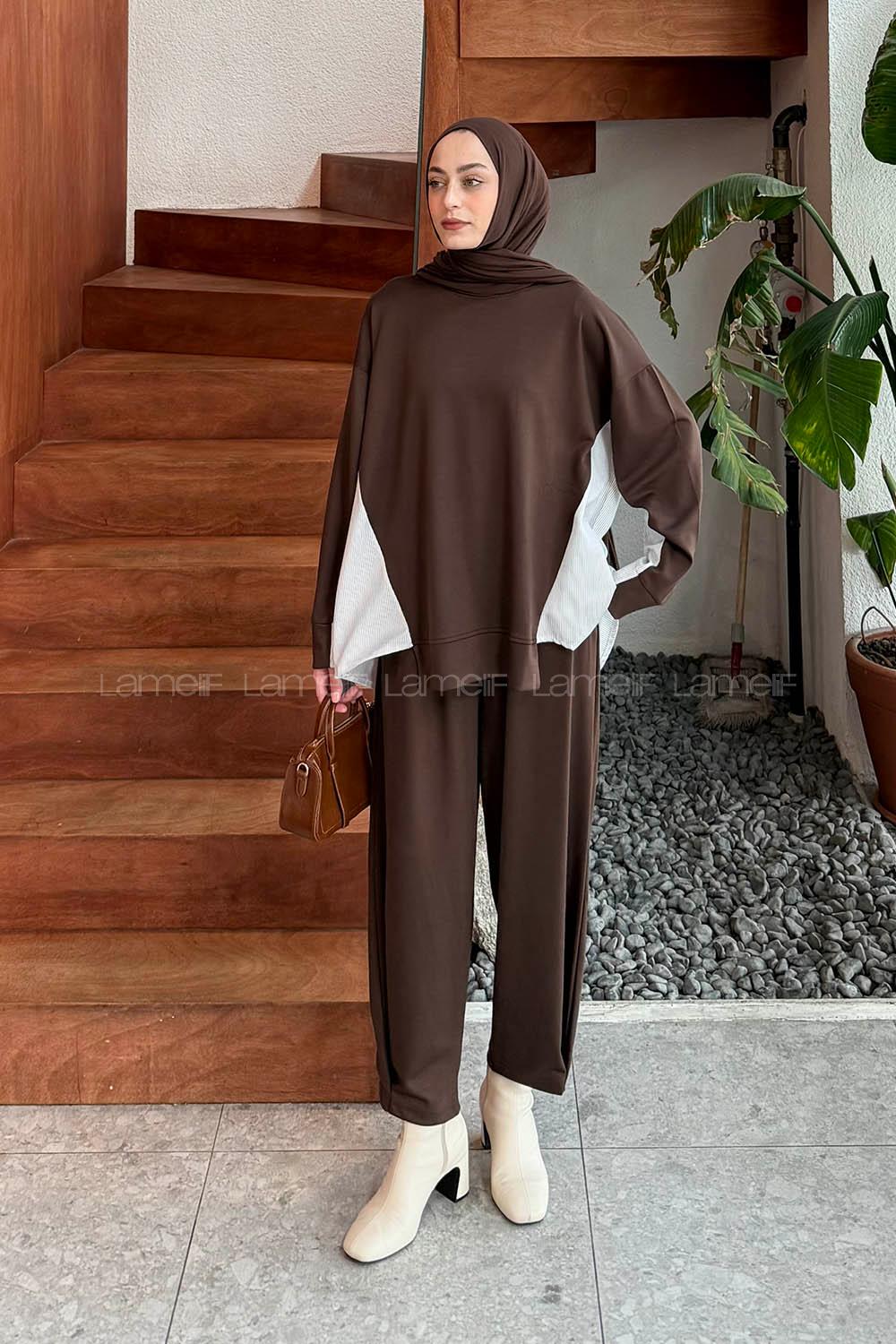 Bitter Brown Crew Neck Long Arm Modal Viscose Regular Trousers Comfortable Suit