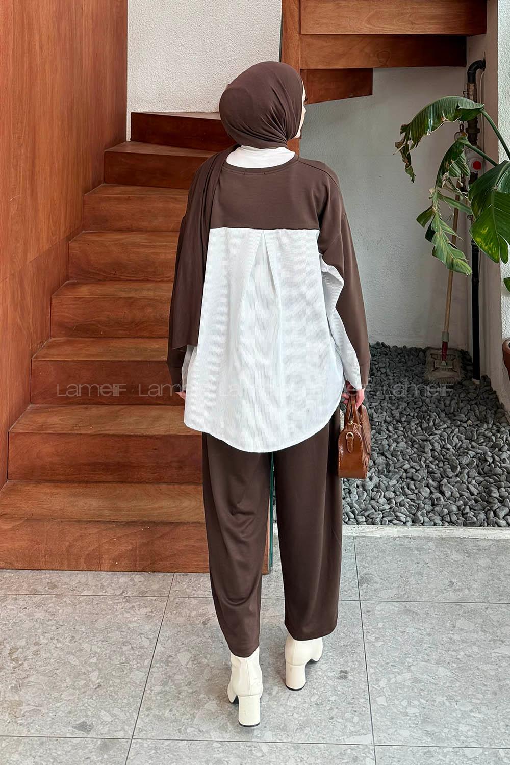 Bitter Brown Crew Neck Long Arm Modal Viscose Regular Trousers Comfortable Suit
