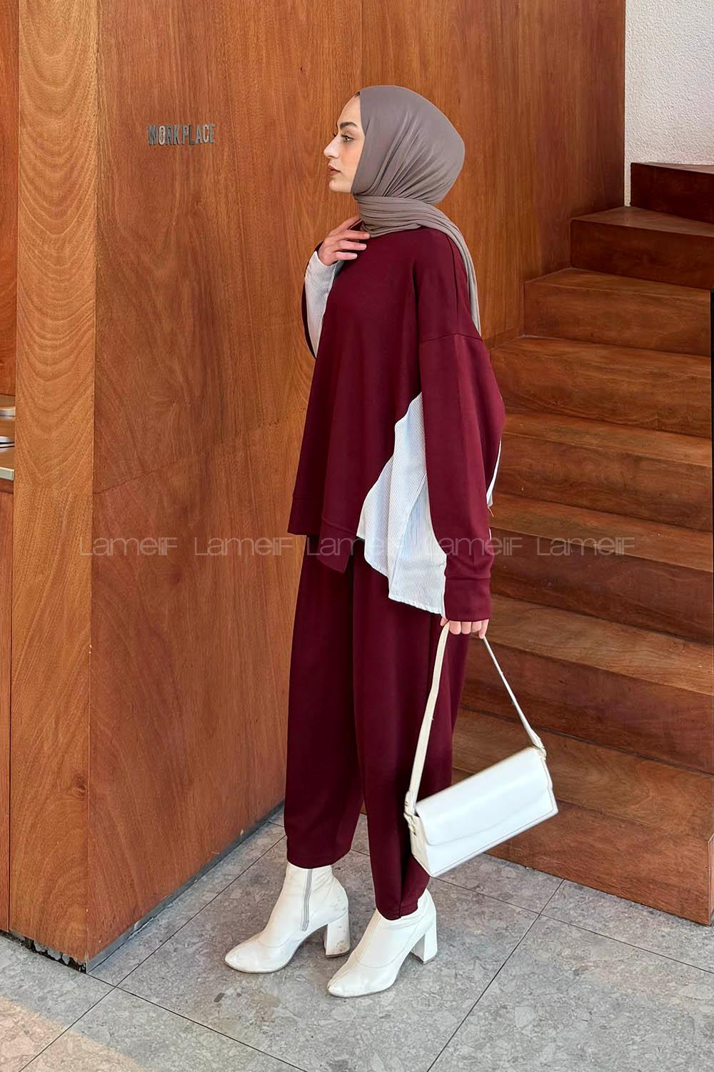 Claret Red Crew Neck Long Arm Modal Viscose Regular Trousers Comfortable Suit