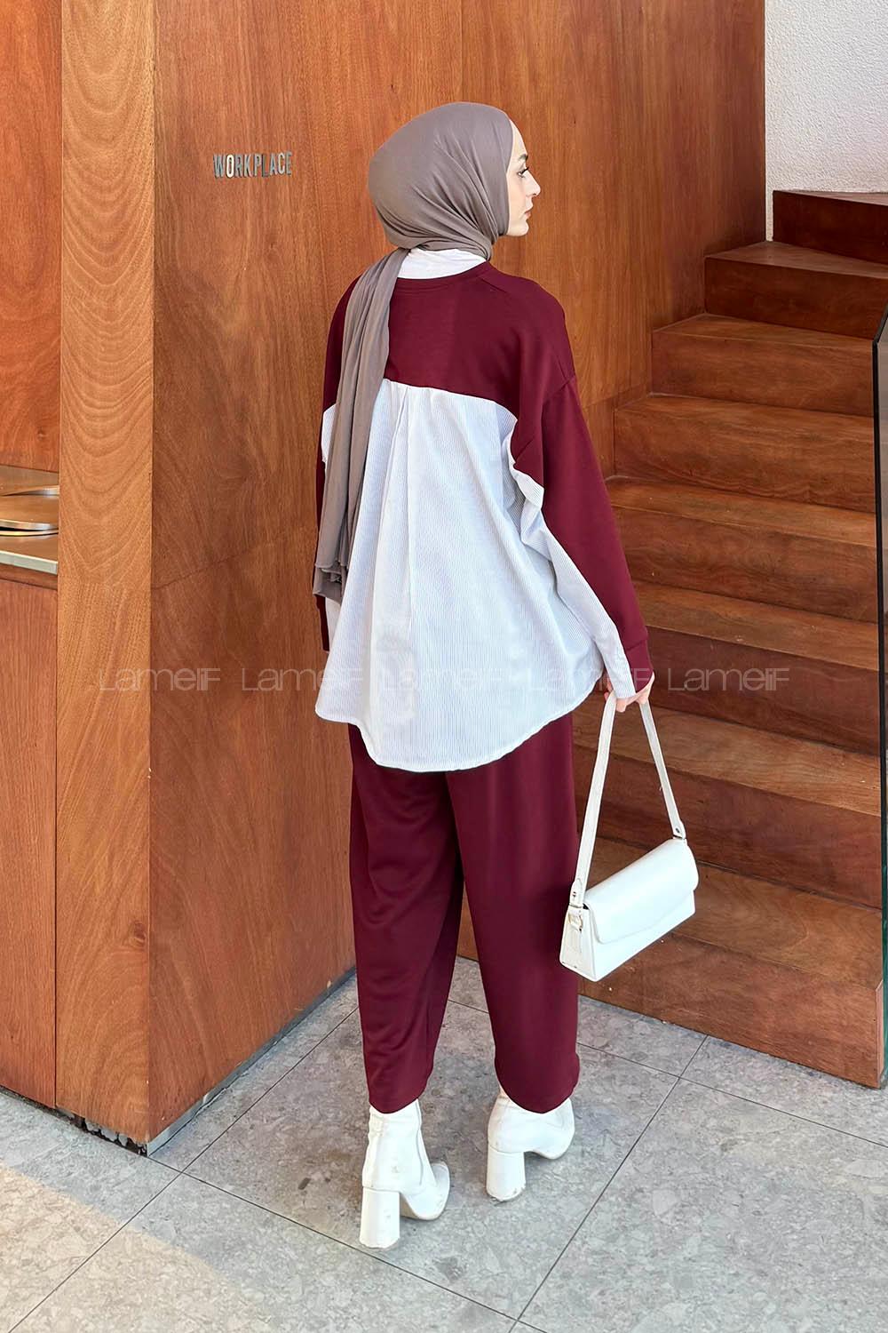 Claret Red Crew Neck Long Arm Modal Viscose Regular Trousers Comfortable Suit