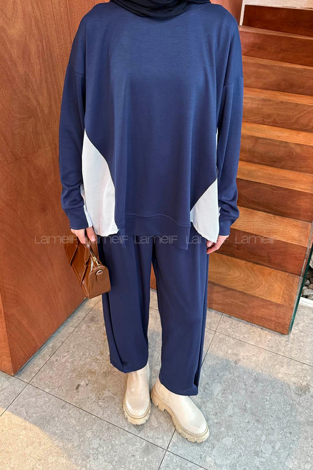 Navy Blue Crew Neck Long Arm Modal Viscose Regular Trousers Comfortable Suit