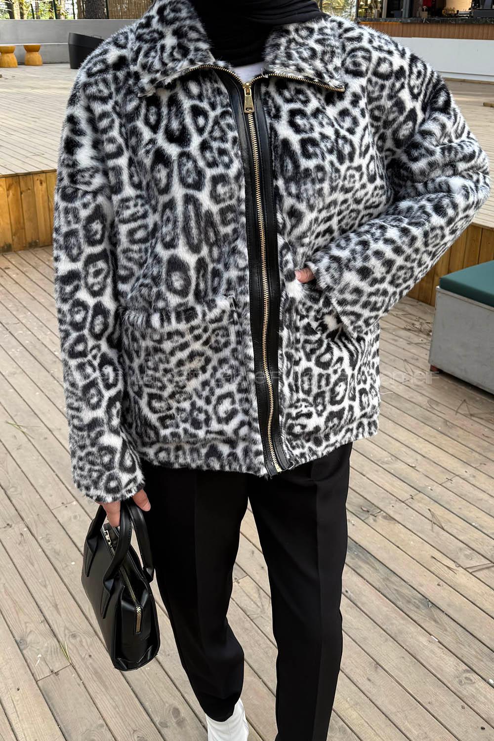 Lamelif Leopar Desen Mont Beyaz-Siyah