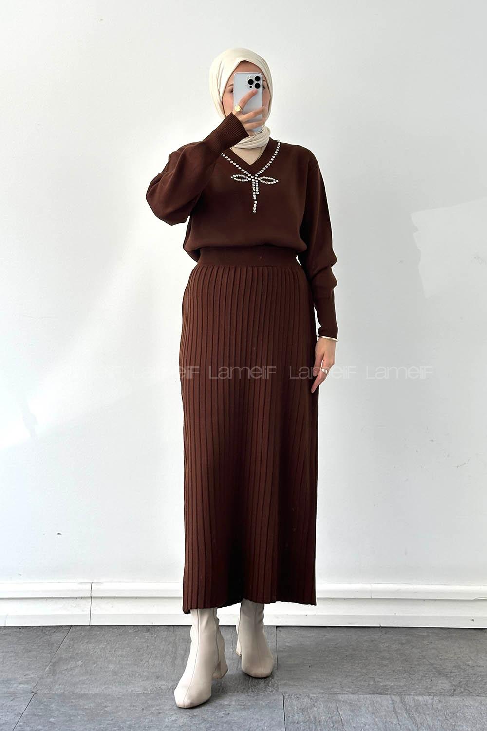 Lamelif Taş Detaylı Etekli İkili Takım Acı Kahve