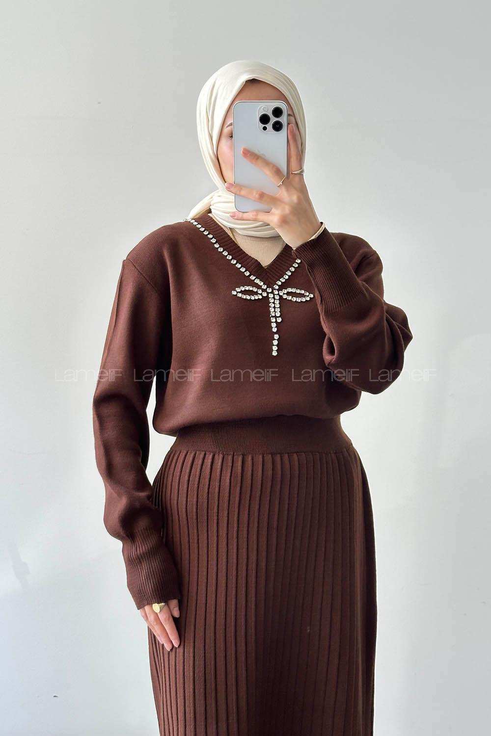 Lamelif Taş Detaylı Etekli İkili Takım Acı Kahve