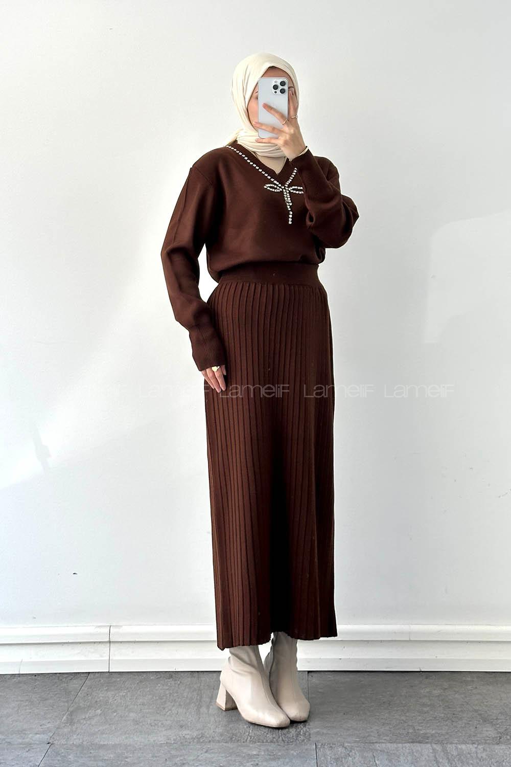 Lamelif Taş Detaylı Etekli İkili Takım Acı Kahve