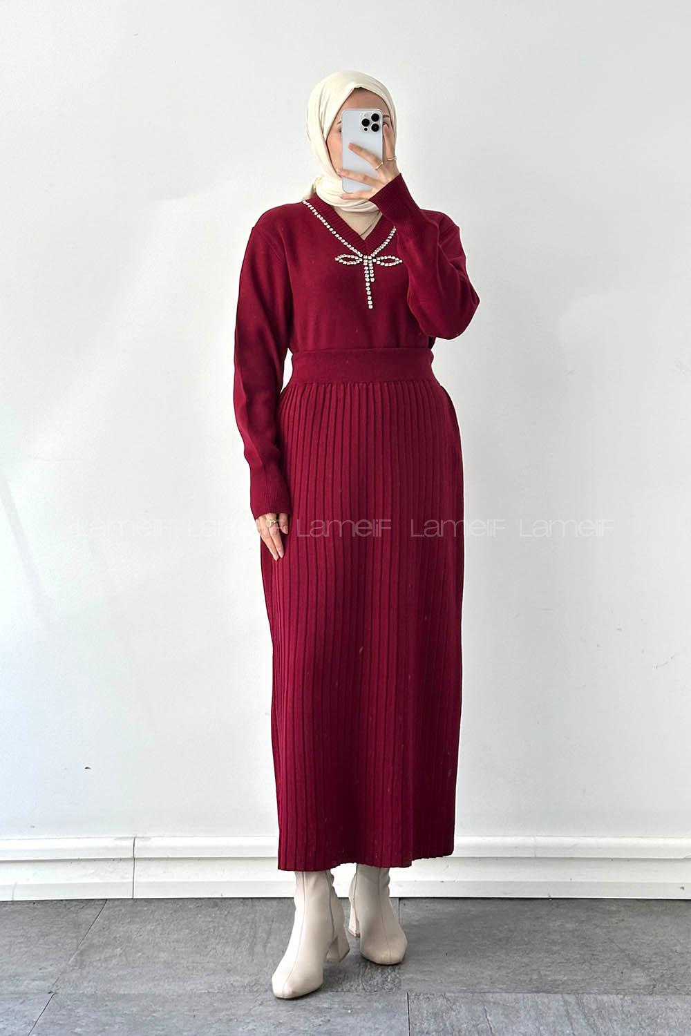 Lamelif Taş Detaylı Etekli İkili Takım Bordo