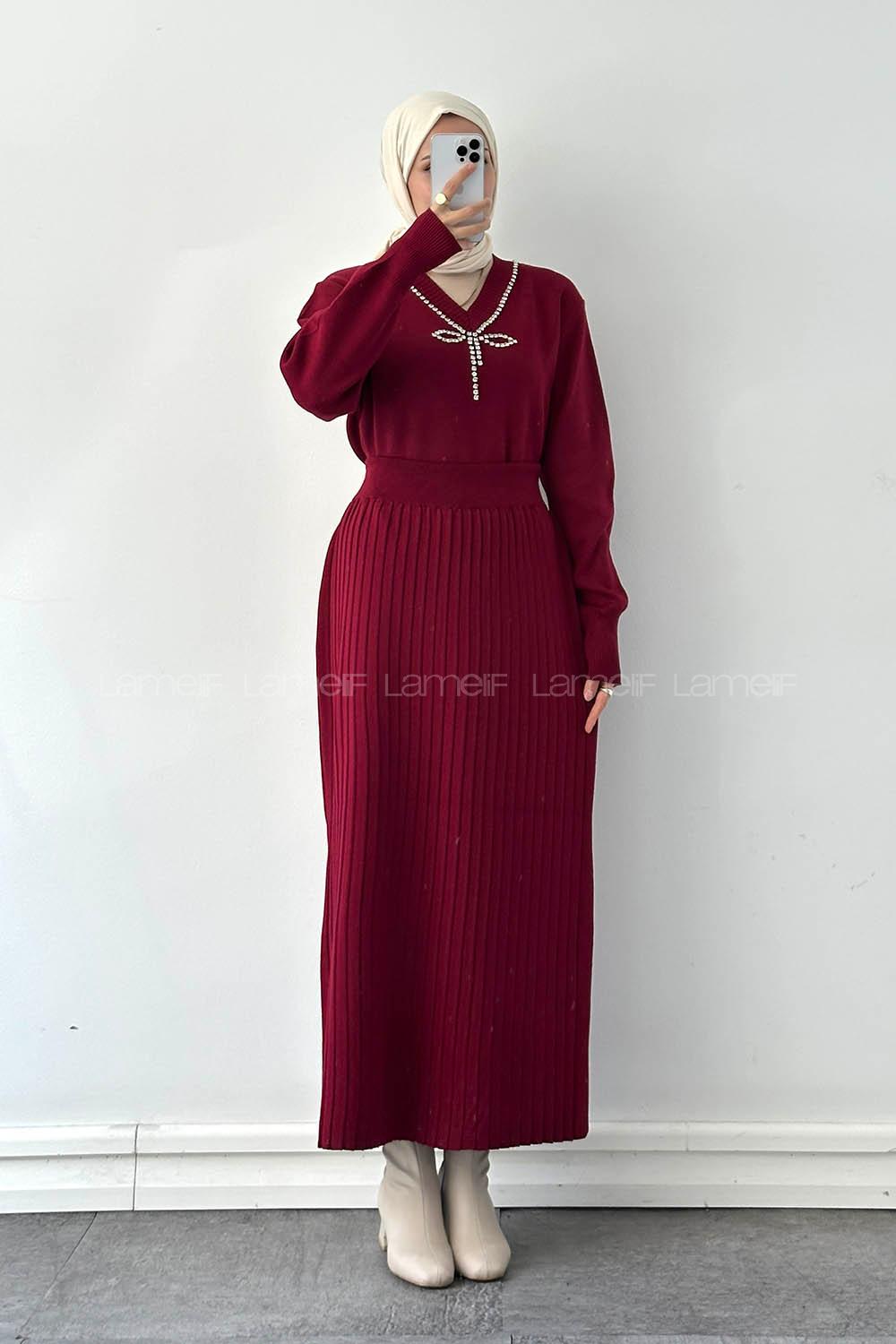 Lamelif Taş Detaylı Etekli İkili Takım Bordo