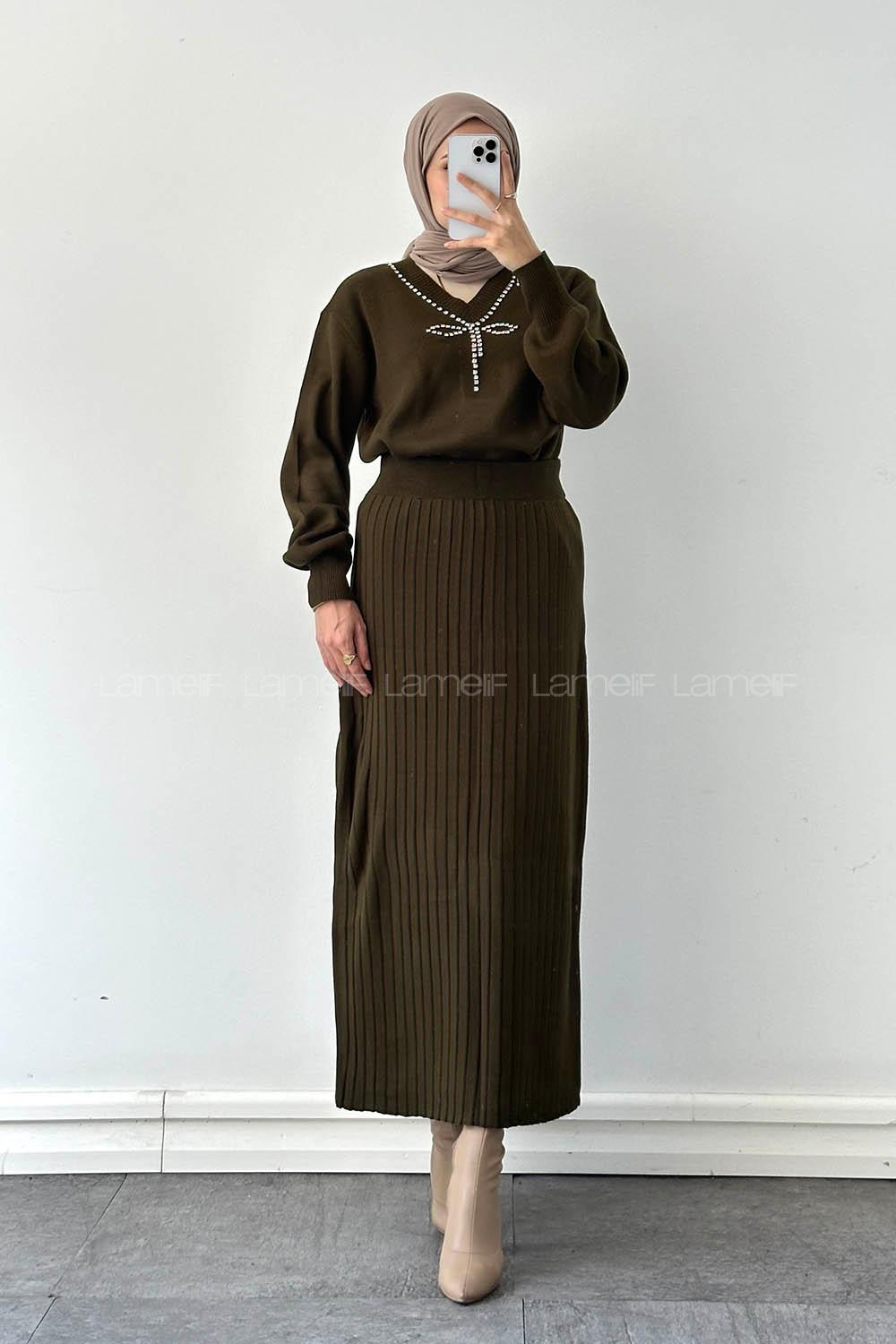 Lamelif Taş Detaylı Etekli İkili Takım Haki