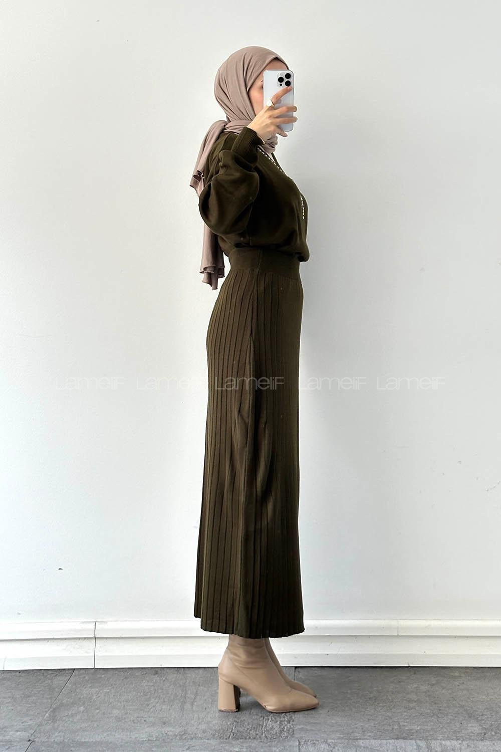 Lamelif Taş Detaylı Etekli İkili Takım Haki