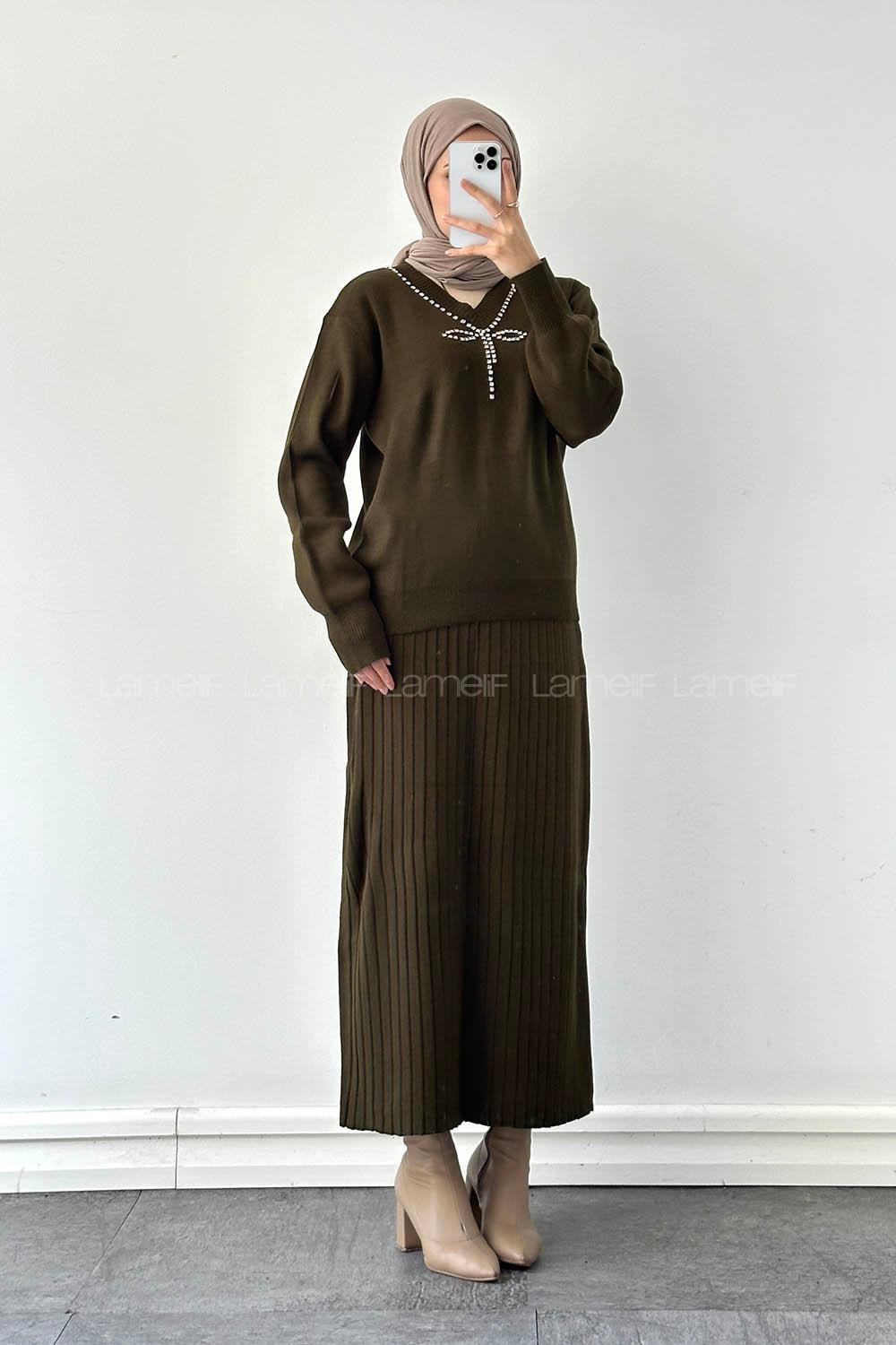 Lamelif Taş Detaylı Etekli İkili Takım Haki