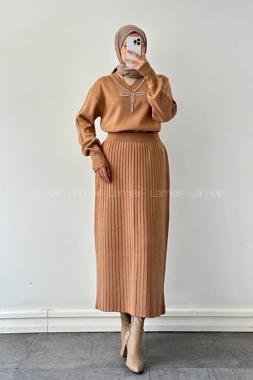 Lamelif Taş Detaylı Etekli İkili Takım Sütlü Kahve