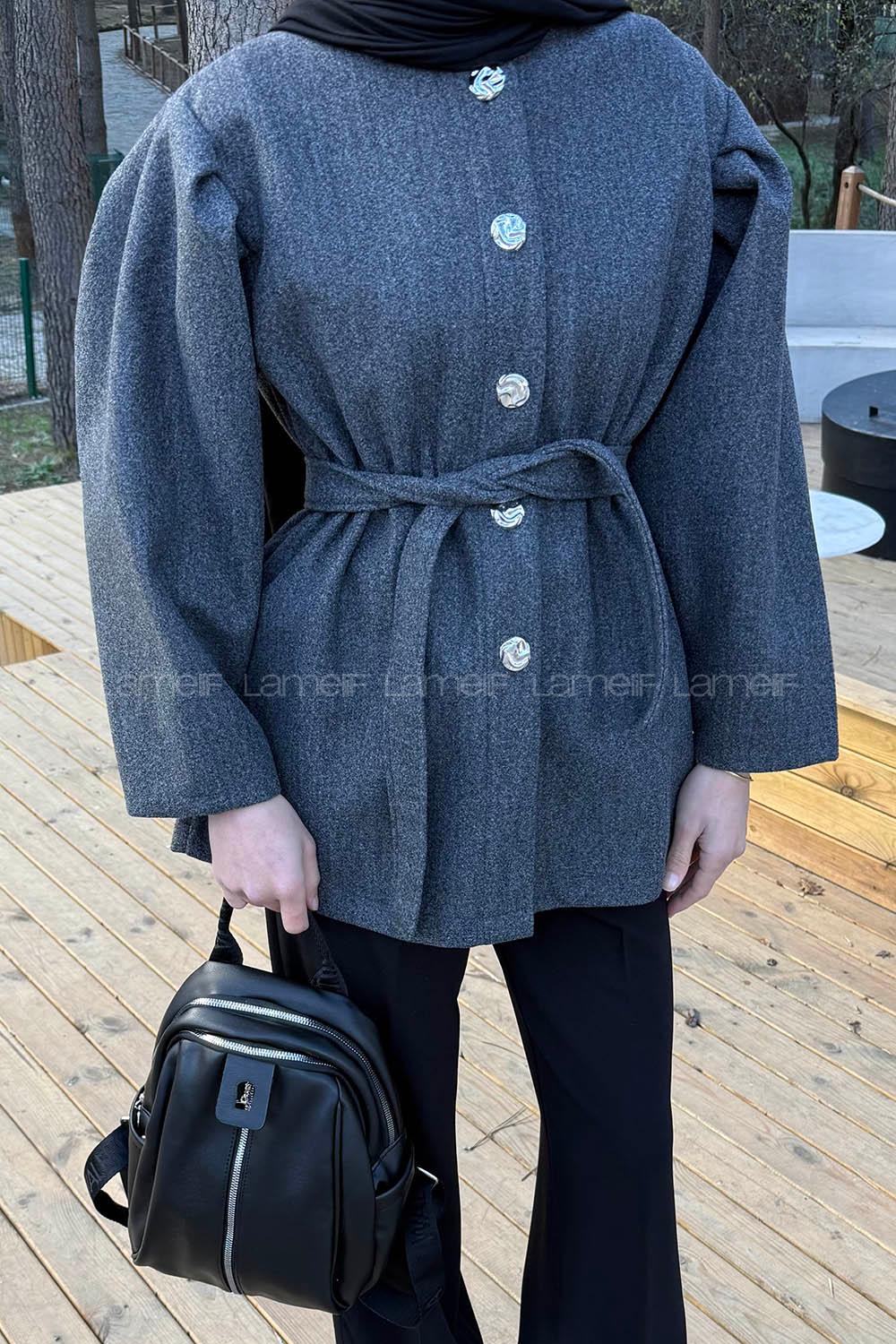 Lamelif Bel Lastikli Bağlama Detaylı Ceket Antrasit