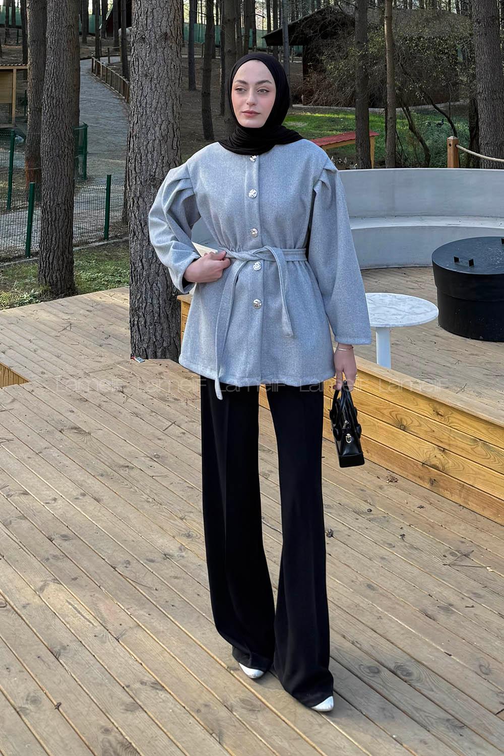 Lamelif Bel Lastikli Bağlama Detaylı Ceket Gri