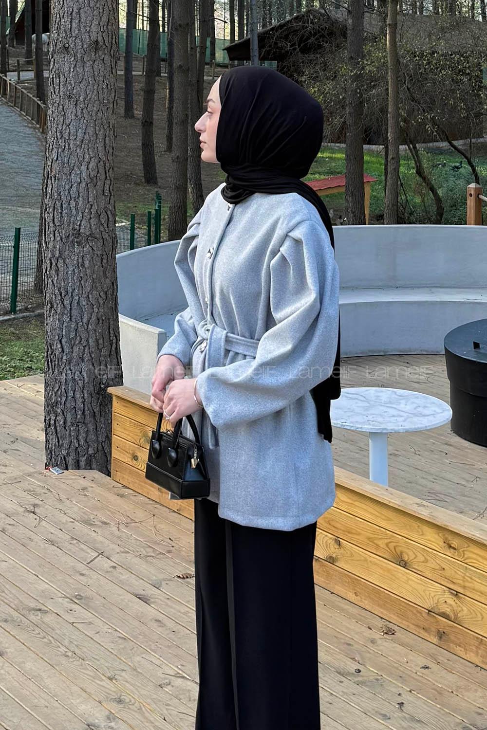 Lamelif Bel Lastikli Bağlama Detaylı Ceket Gri