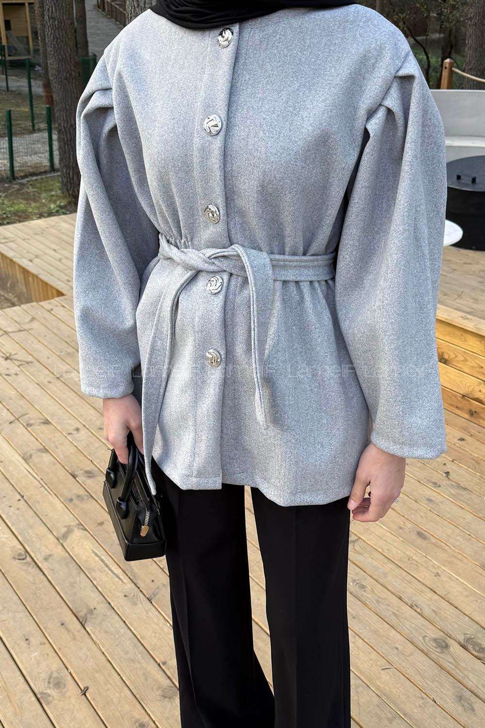 Lamelif Bel Lastikli Bağlama Detaylı Ceket Gri