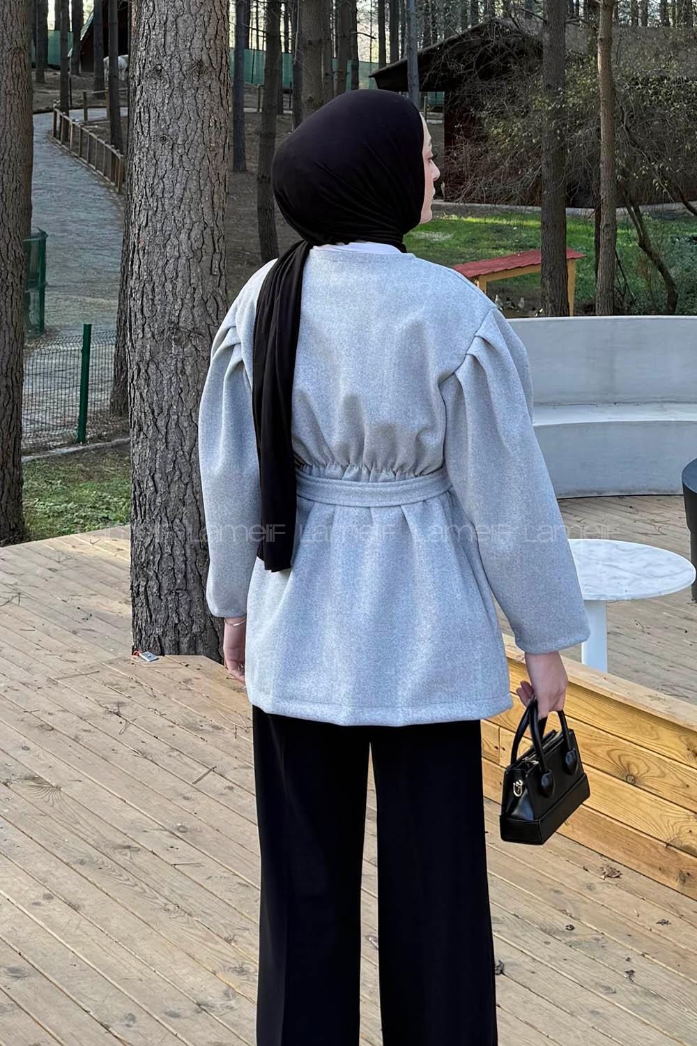 Lamelif Bel Lastikli Bağlama Detaylı Ceket Gri