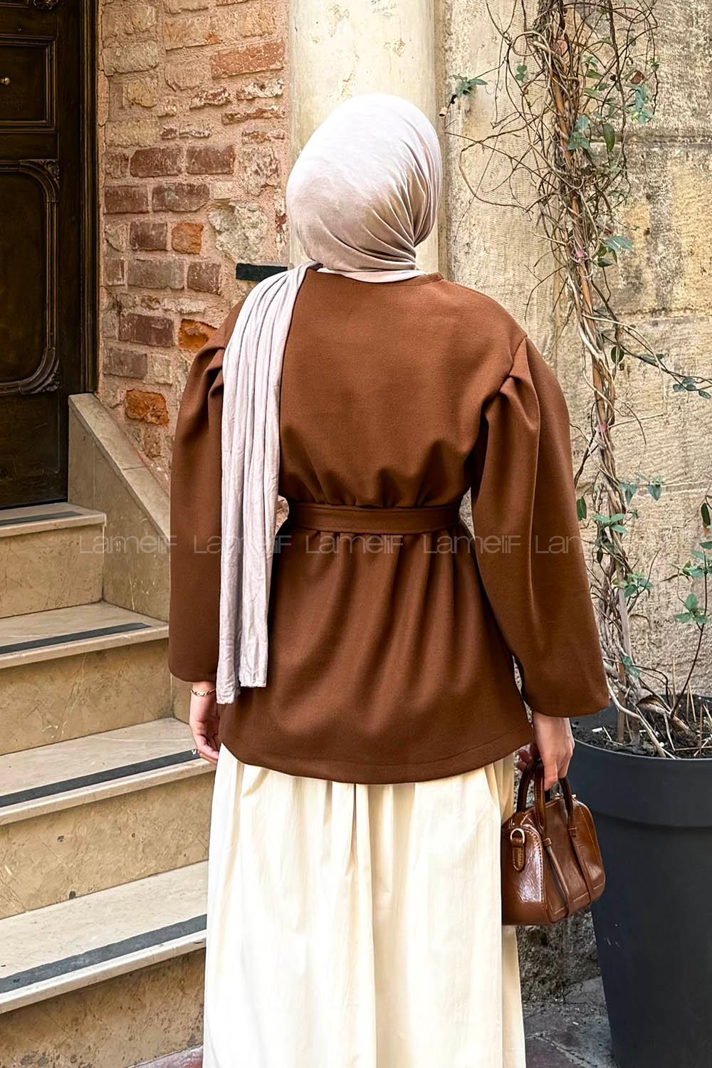 Lamelif Bel Lastikli Bağlama Detaylı Ceket Taba