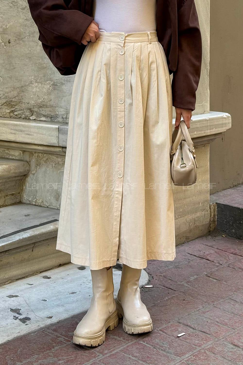 Lamelif Düğme Detaylı Pileli Etek Bej