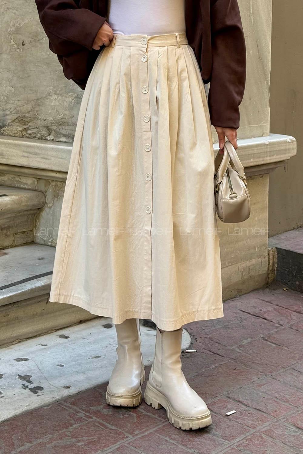 Lamelif Düğme Detaylı Pileli Etek Bej