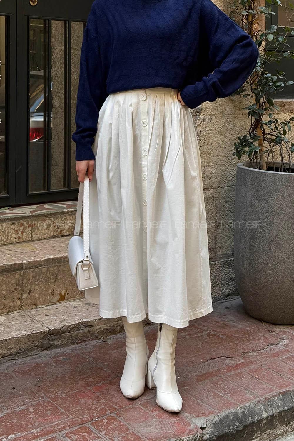 Lamelif Düğme Detaylı Pileli Etek Ekru