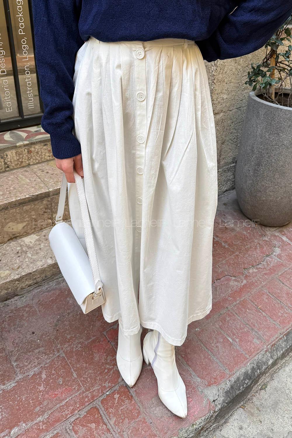 Lamelif Düğme Detaylı Pileli Etek Ekru