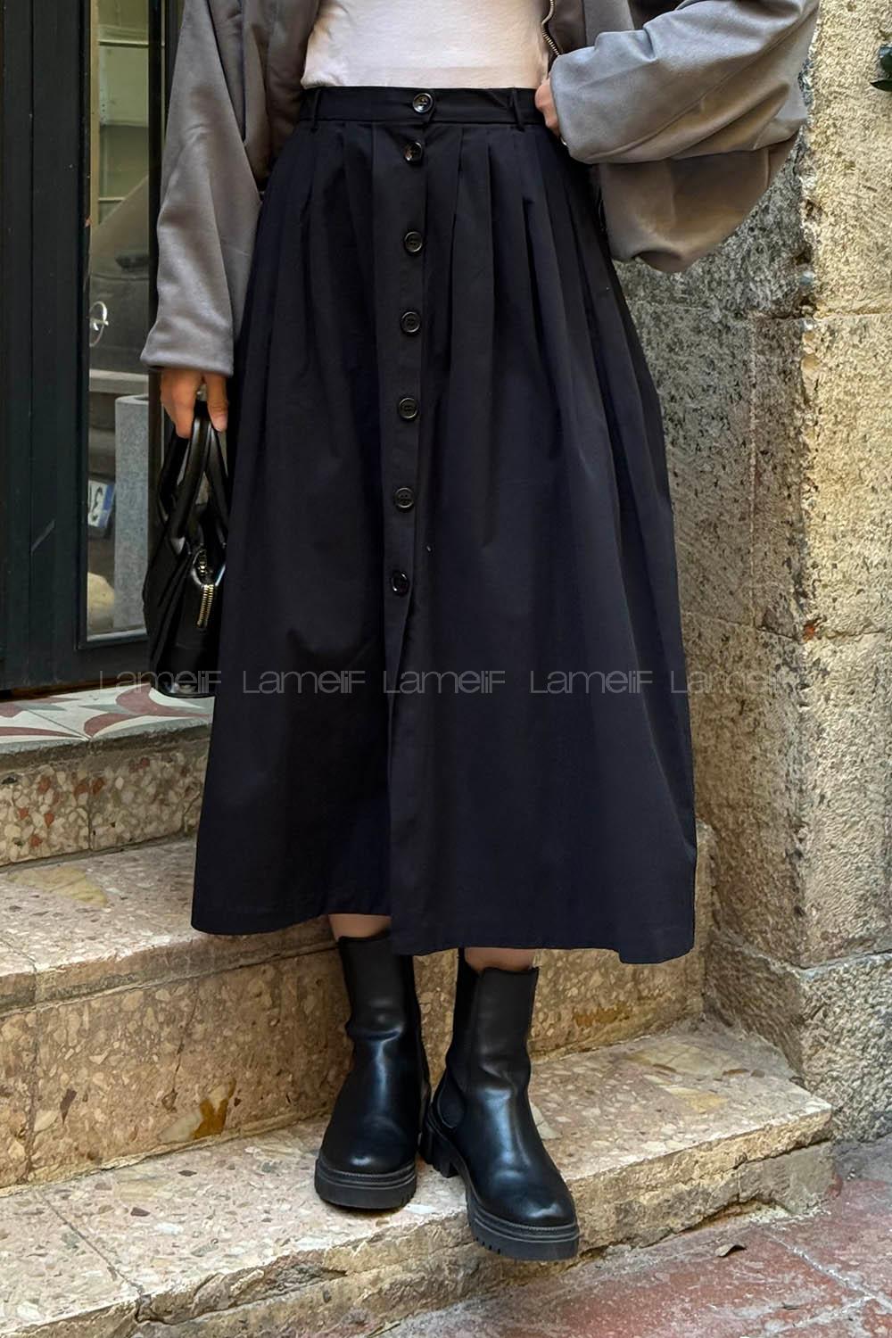 Lamelif Düğme Detaylı Pileli Etek Siyah