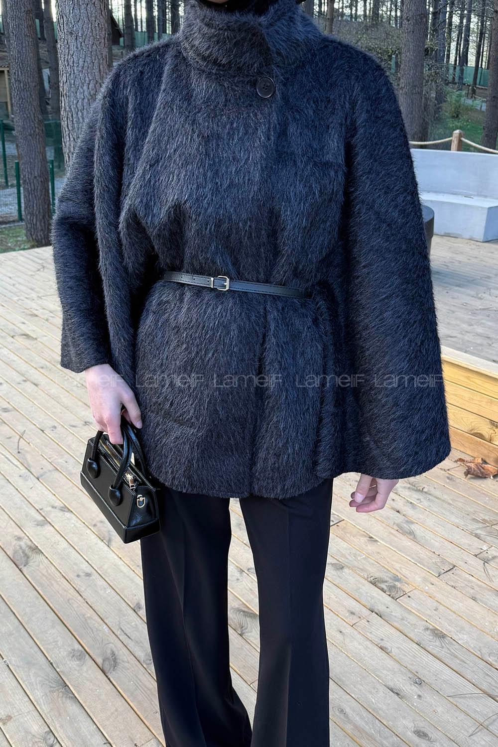 Lamelif Düğmeli Kemerli Panço Siyah