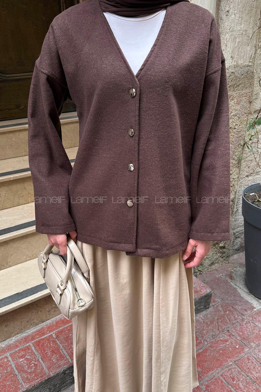 Bitter Brown V Neck Long Arm Cotton Jacket