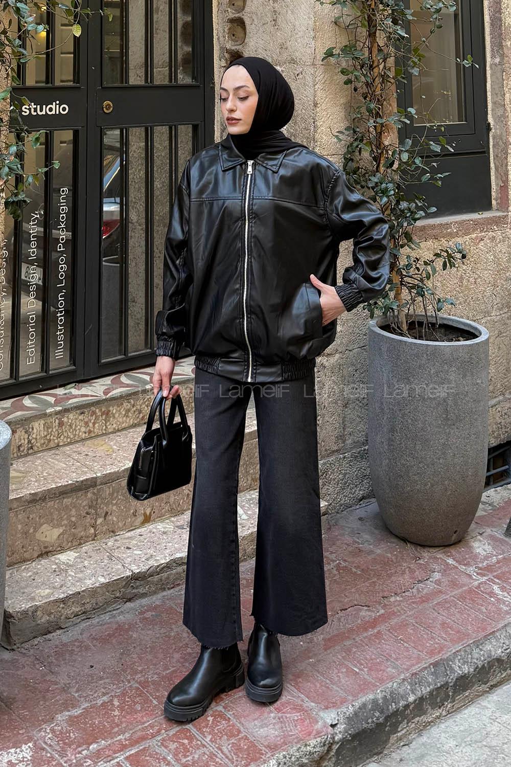 Black Shirt Collar Long Arm Skin Jacket