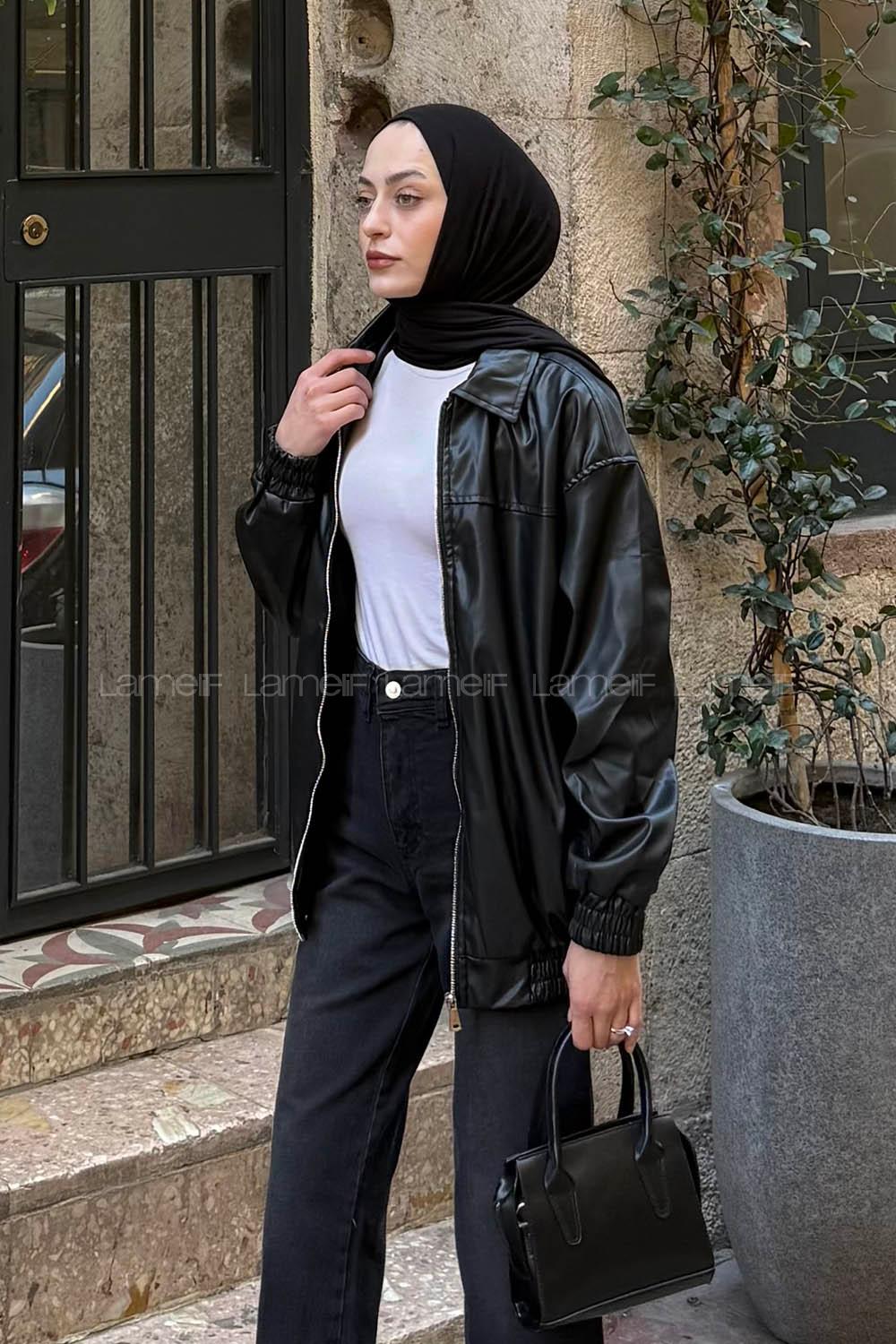 Black Shirt Collar Long Arm Skin Jacket