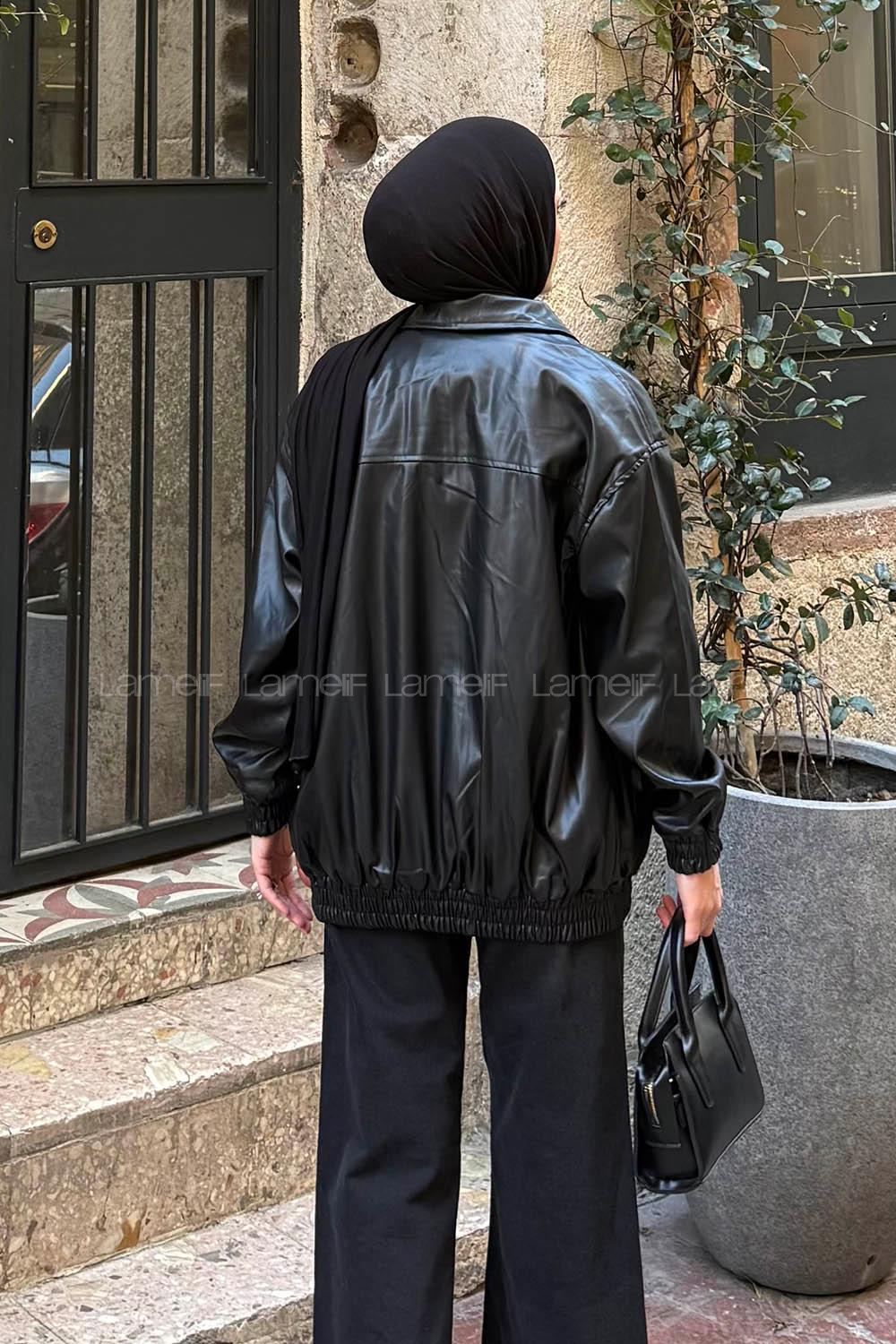 Black Shirt Collar Long Arm Skin Jacket