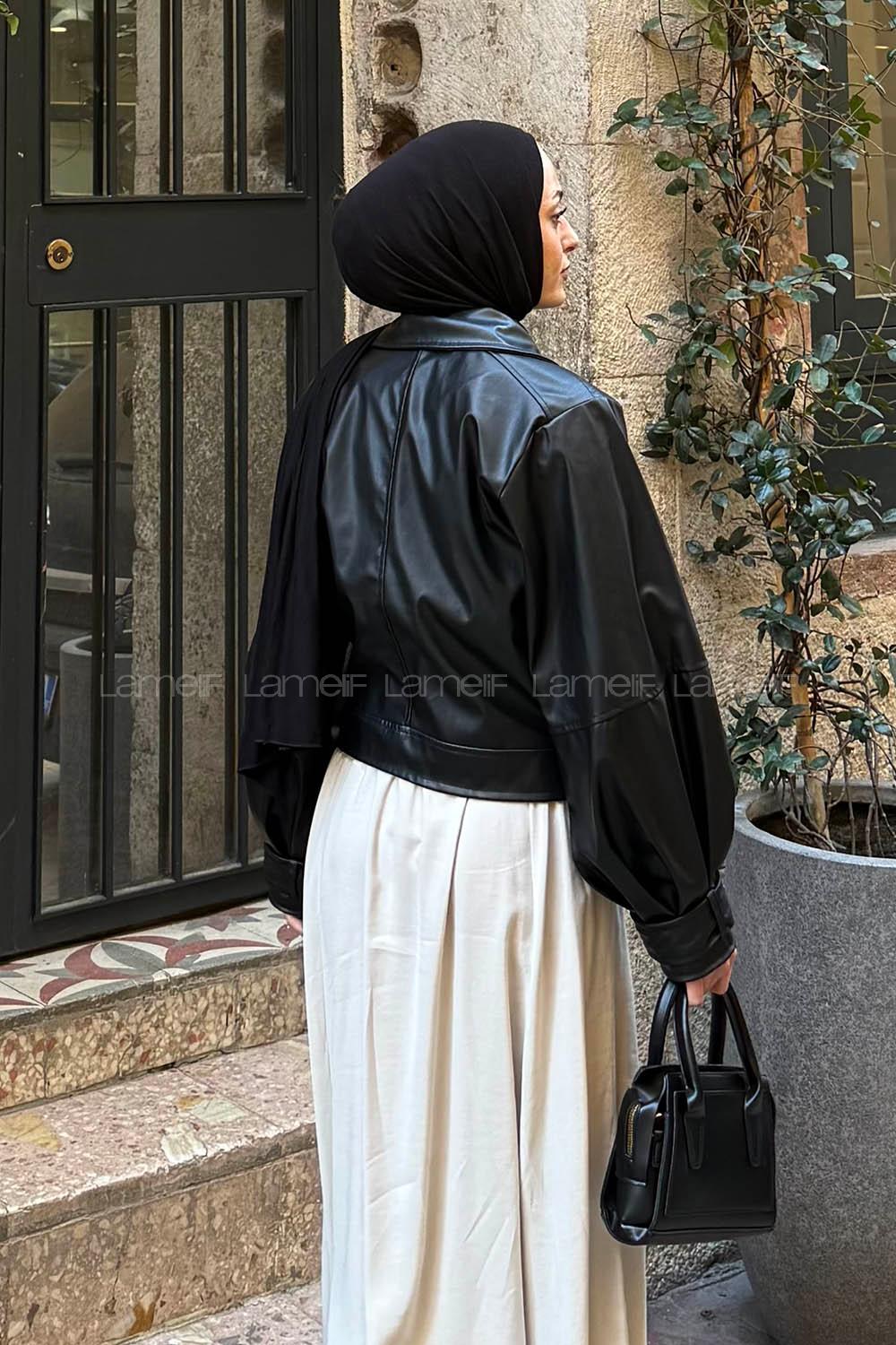 Black Shirt Collar Long Arm Skin Jacket