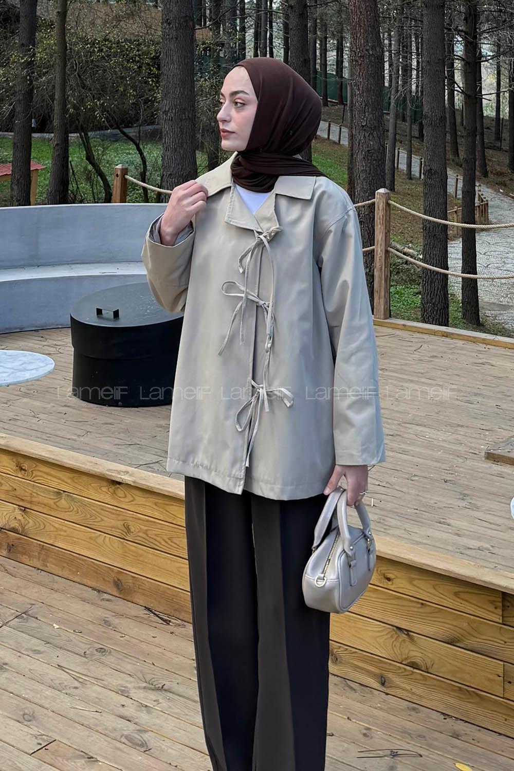 Lamelif Fiyonk Detaylı Trençkot Haki