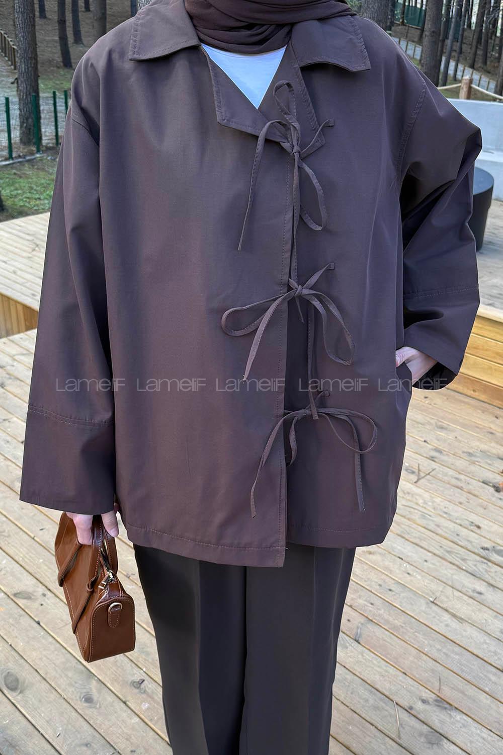 Lamelif Fiyonk Detaylı Trençkot Kahverengi