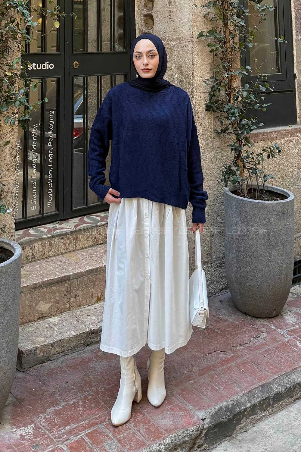 Lamelif Kendinden Desenli Triko Kazak Lacivert