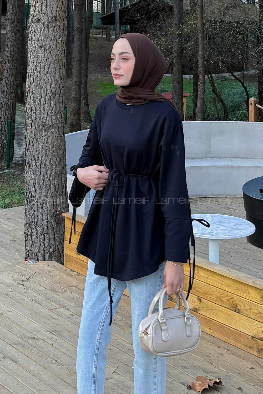 Lamelif Kol Biyeli Sweat Koyu Lacivert