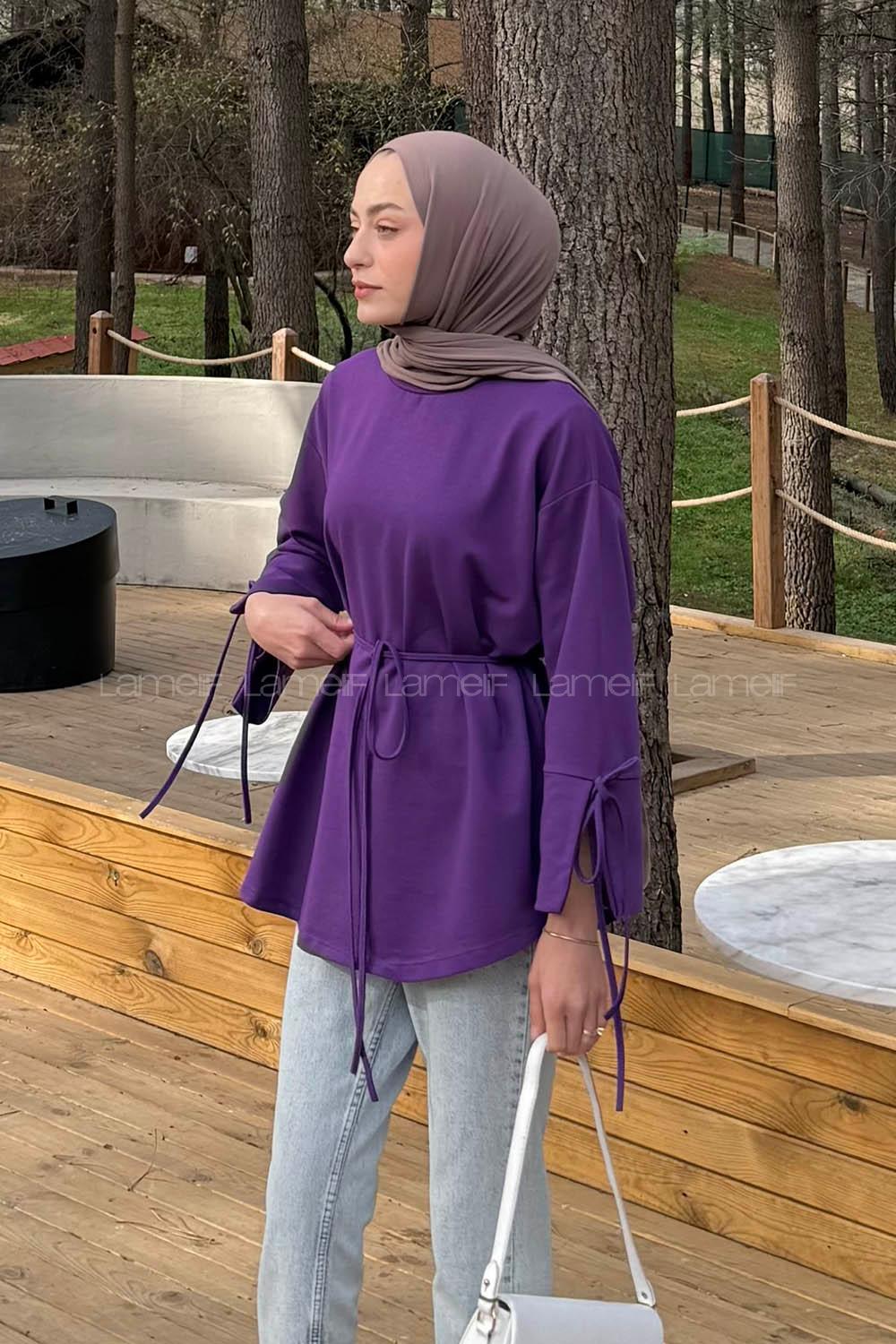 Lamelif Kol Biyeli Sweat Mor