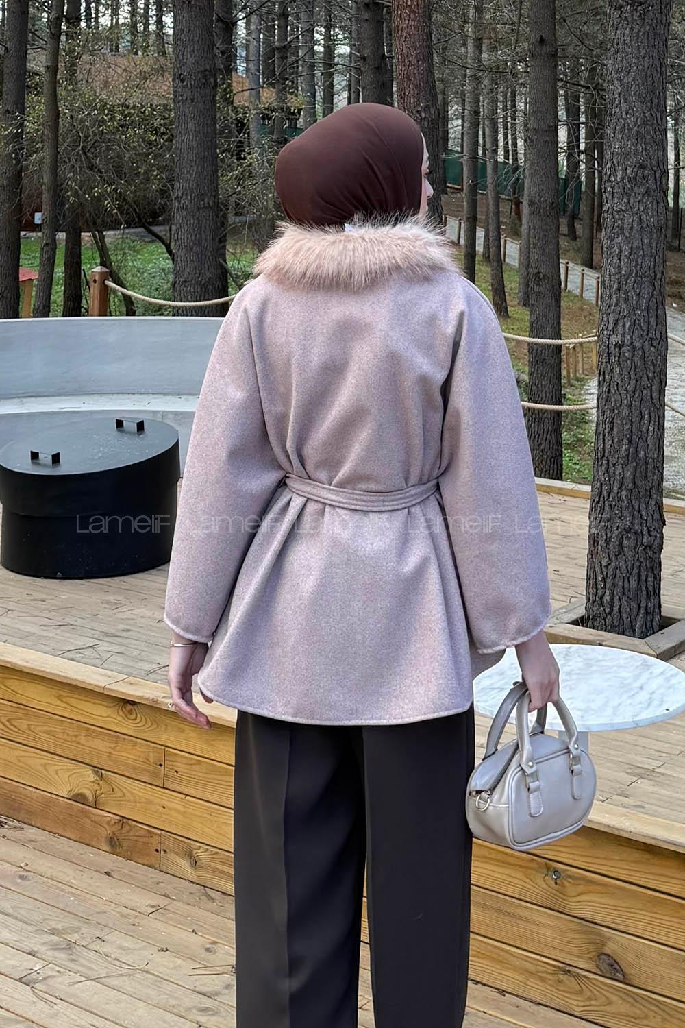 Lamelif Kürk Yakalı Panço Soft Kahve