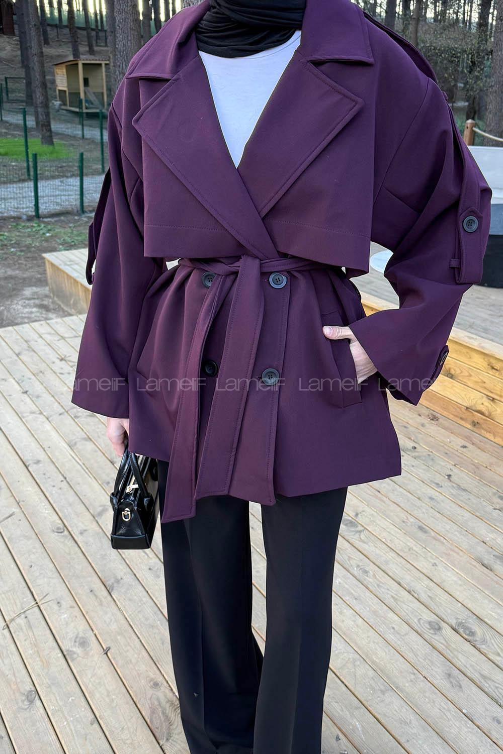Claret Red Long Arm Viscose Fabric Elastan Polyester Trench Coat