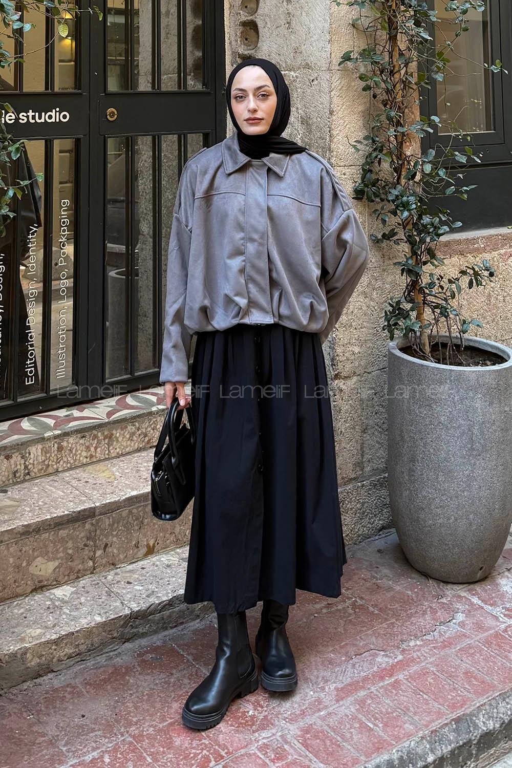 Gray Shirt Collar Long Arm Suede Jacket