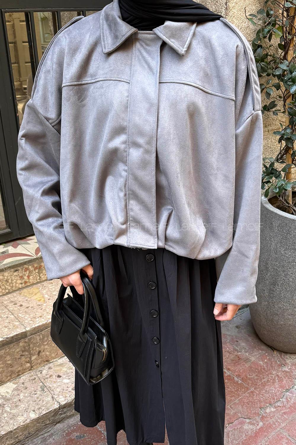 Gray Shirt Collar Long Arm Suede Jacket