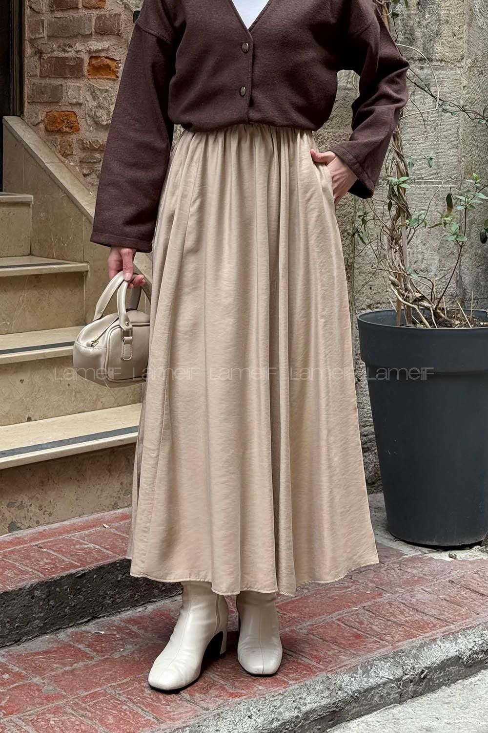 Lamelif Tensel Tesettür Etek Bej