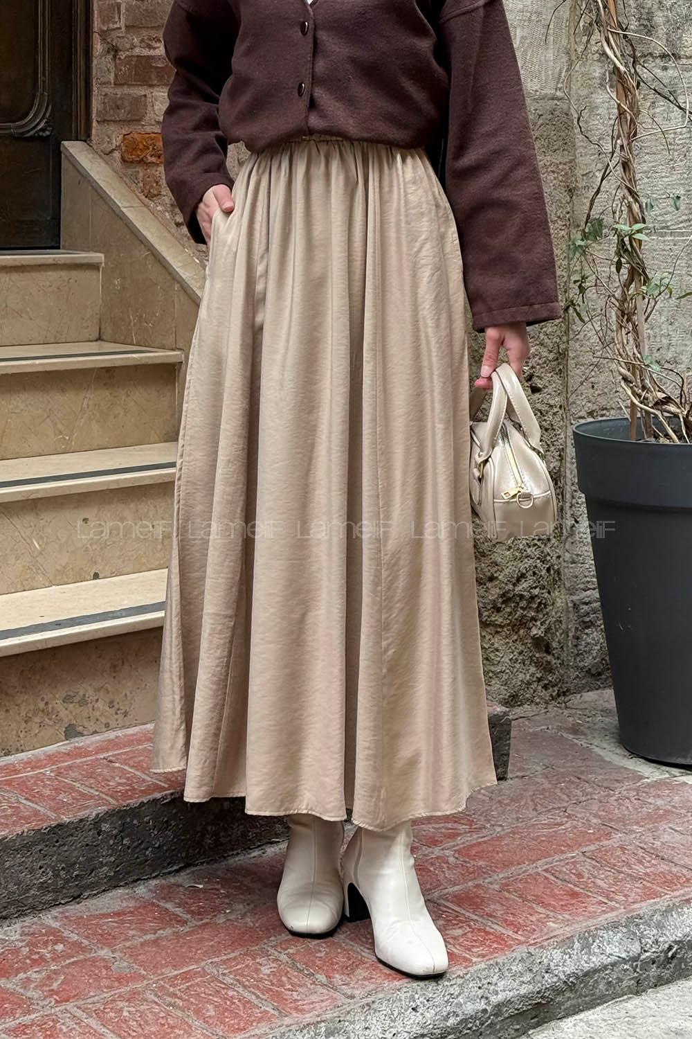 Lamelif Tensel Tesettür Etek Bej