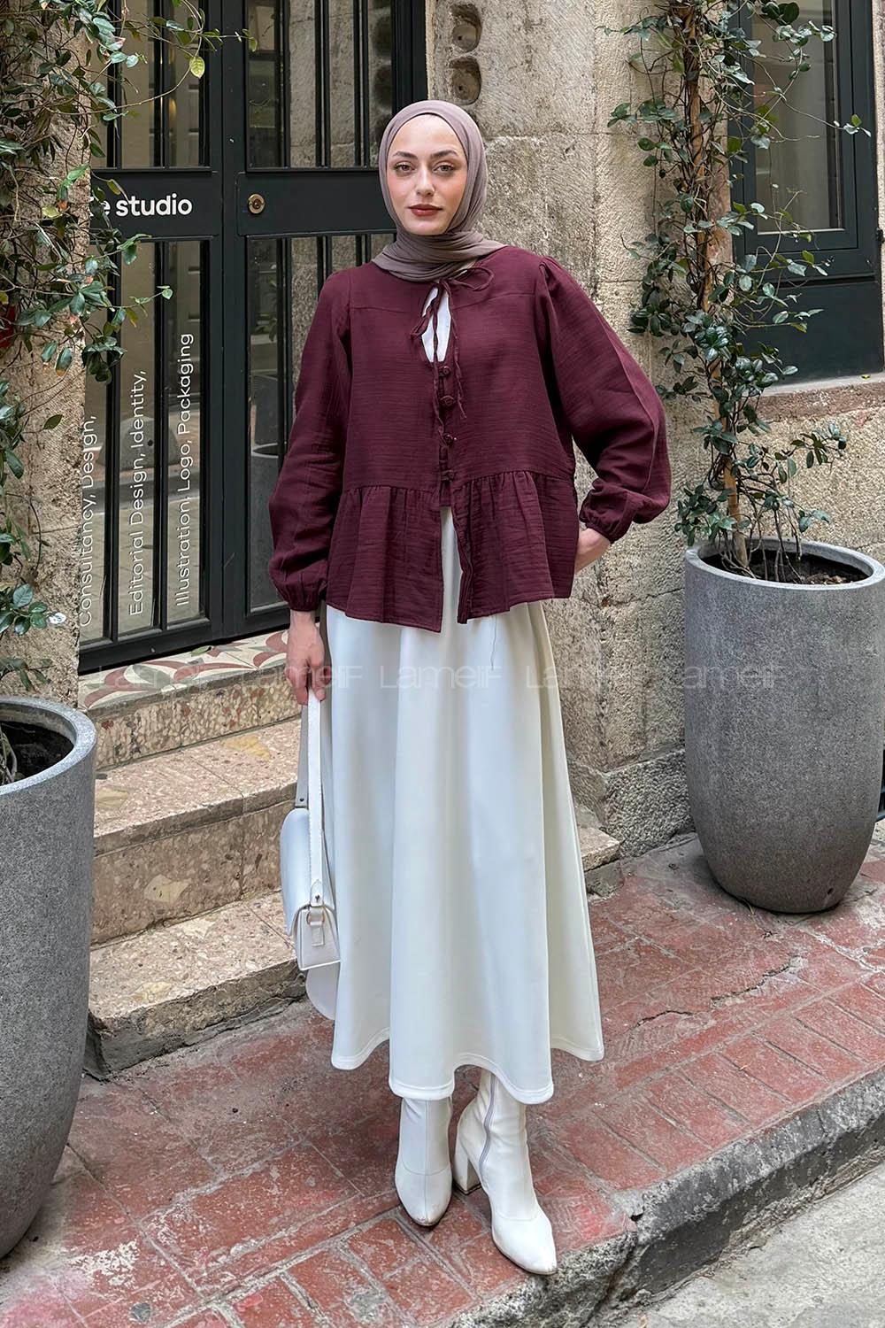 Lamelif V Yaka Kolları Lastikli Müslin Tesettür Gömlek Bordo