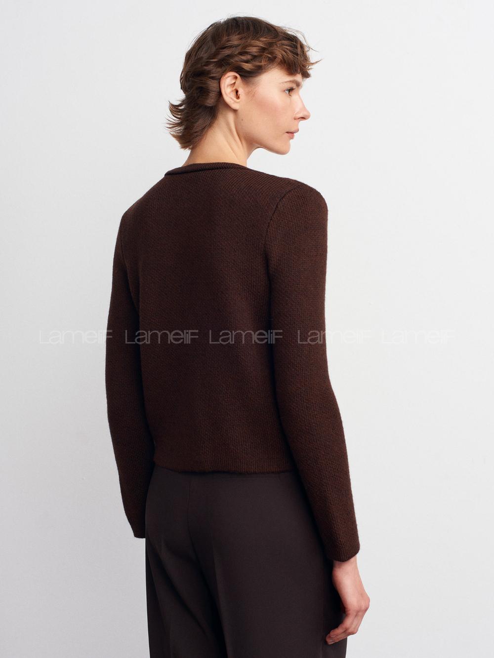 Lamelif Dilvin Fiyonk Detaylı Triko Hırka-Acı Kahve