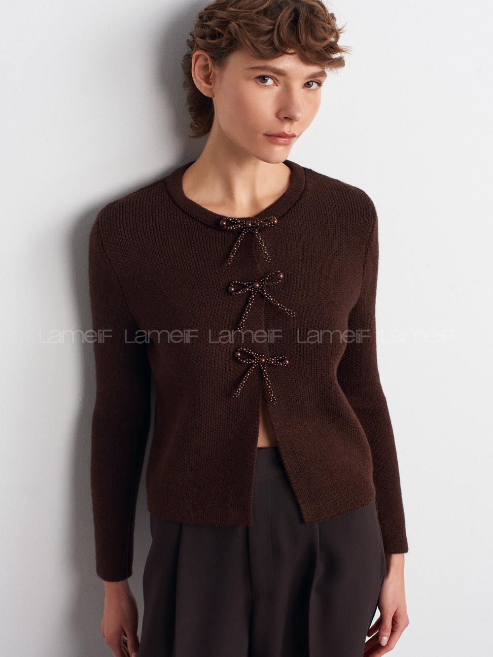 Lamelif Dilvin Fiyonk Detaylı Triko Hırka-Acı Kahve