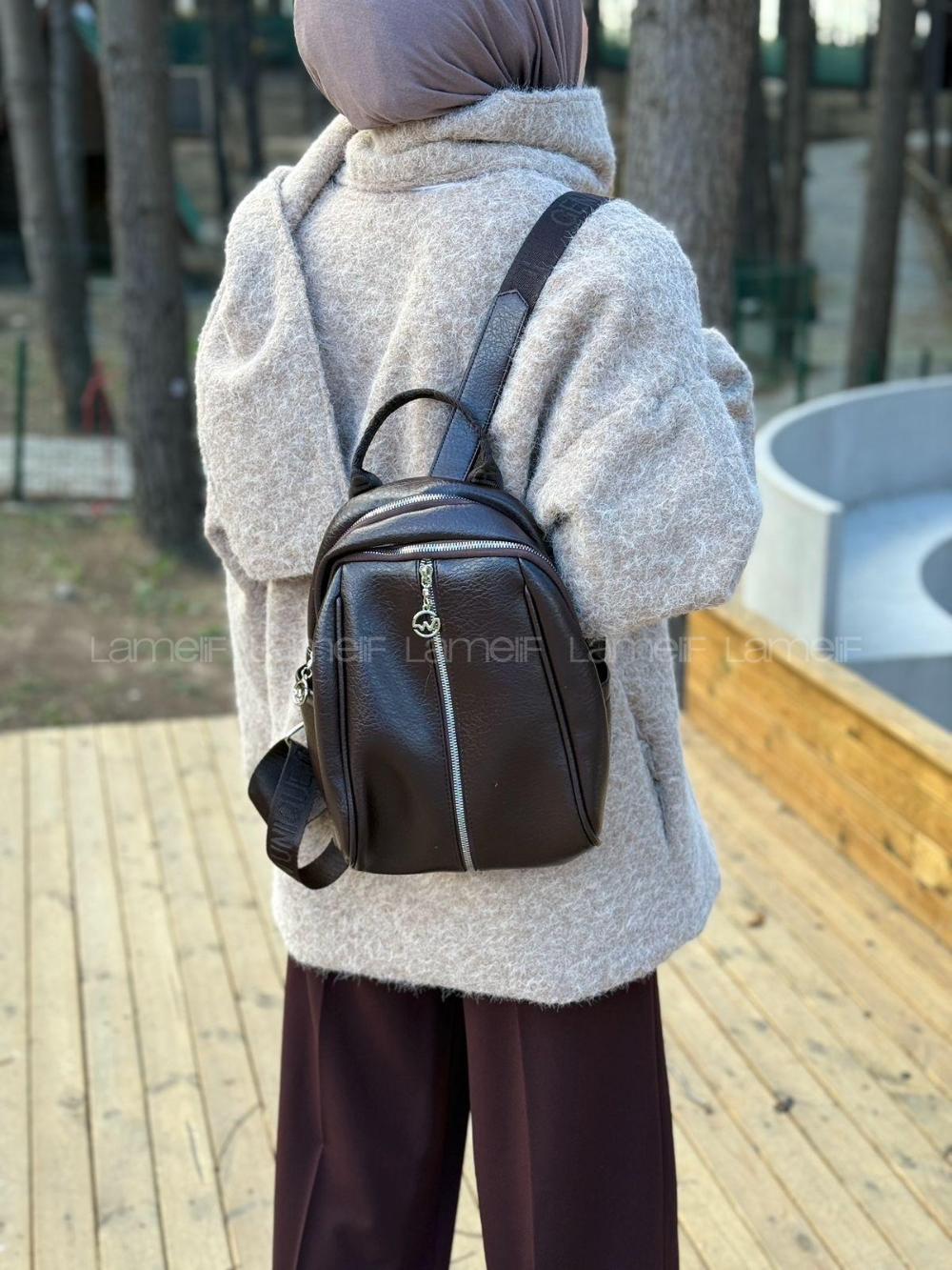 Lamelif Gümüş Fermuarlı Suni Deri Sırt Çantası