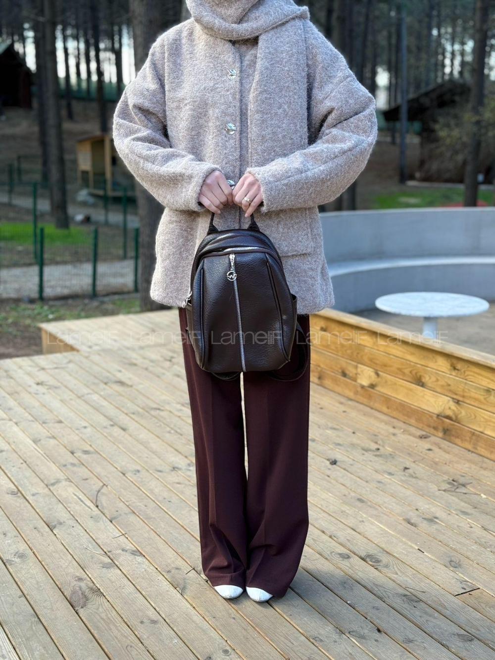 Lamelif Gümüş Fermuarlı Suni Deri Sırt Çantası