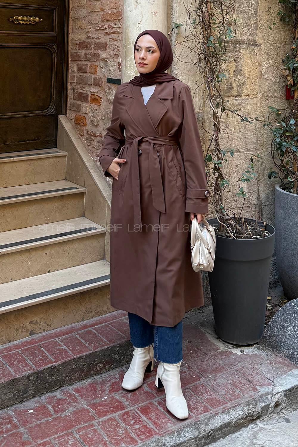 Lamelif Apoletli Klasik Kuşaklı Trençko Kahverengi