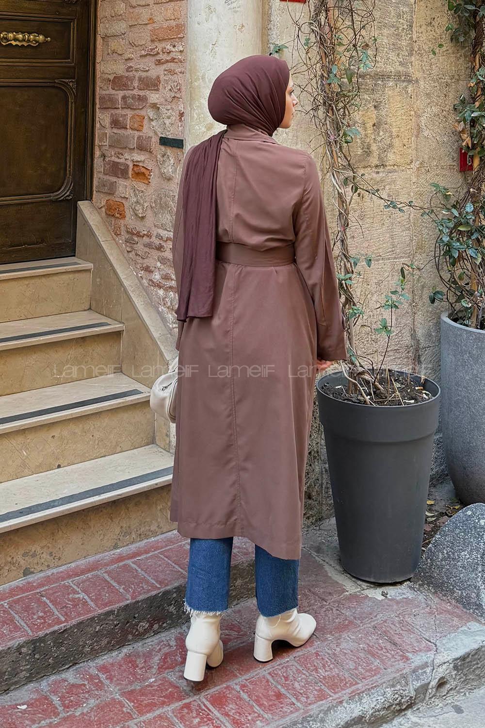 Lamelif Apoletli Klasik Kuşaklı Trençko Kahverengi